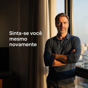 Homem confiante, entre 45 e 55 anos, com aparência natural, bem-apessoado, vestindo uma camisa casual-elegante azul-escura e calças neutras, em pé perto de uma grande janela em um apartamento moderno, sob a luz dourada do início da manhã. Sorriso sutil e relaxado, olhar calmo e expressão segura.