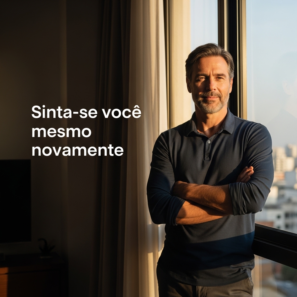 Homem confiante, entre 45 e 55 anos, com aparência natural, bem-apessoado, vestindo uma camisa casual-elegante azul-escura e calças neutras, em pé perto de uma grande janela em um apartamento moderno, sob a luz dourada do início da manhã. Sorriso sutil e relaxado, olhar calmo e expressão segura.